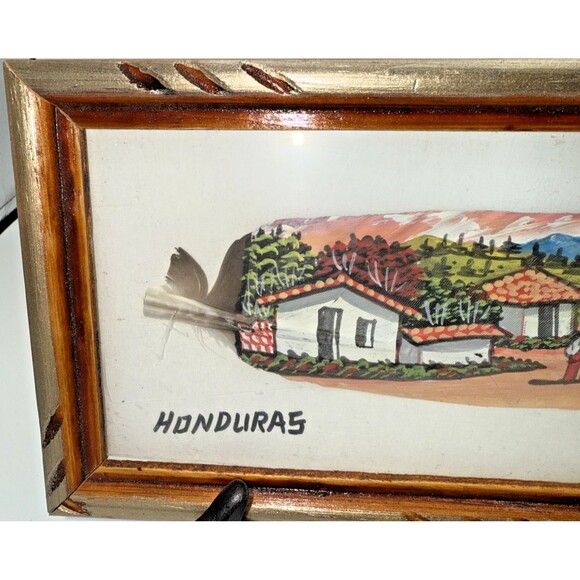 Handpainted & Framed Feather Art Honduras Village Scene Wall Hanger 10.75" X 5" - Picture 4 of 10